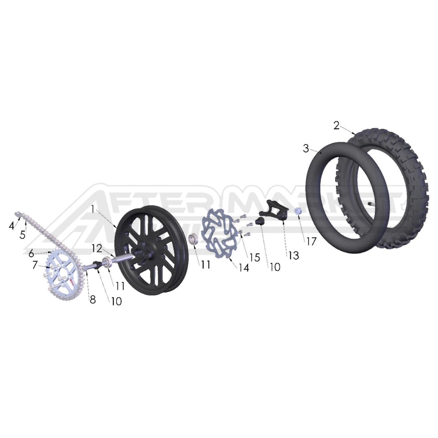 Illustration of 2027 Cobra 50 FWE rear wheel with labeled components on a white background, featuring the 'Aftermarket Minis' brand.