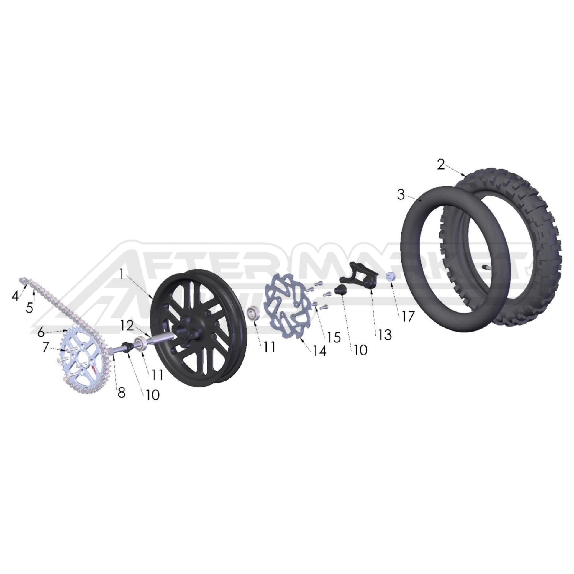 Illustration of 2027 Cobra 50 FWE rear wheel with labeled components on a white background, featuring the 'Aftermarket Minis' brand.