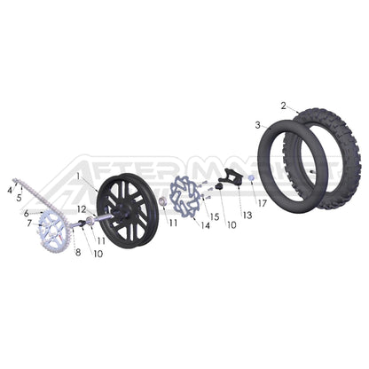 Illustration of 2027 Cobra 50 FWE rear wheel with labeled components on a white background, featuring the 'Aftermarket Minis' brand.