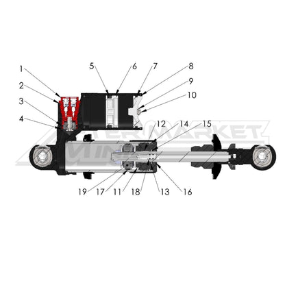 Illustration of 2027 Cobra 50 FWE rear shock internal with labeled components on a white background, featuring the 'Aftermarket Minis' brand.