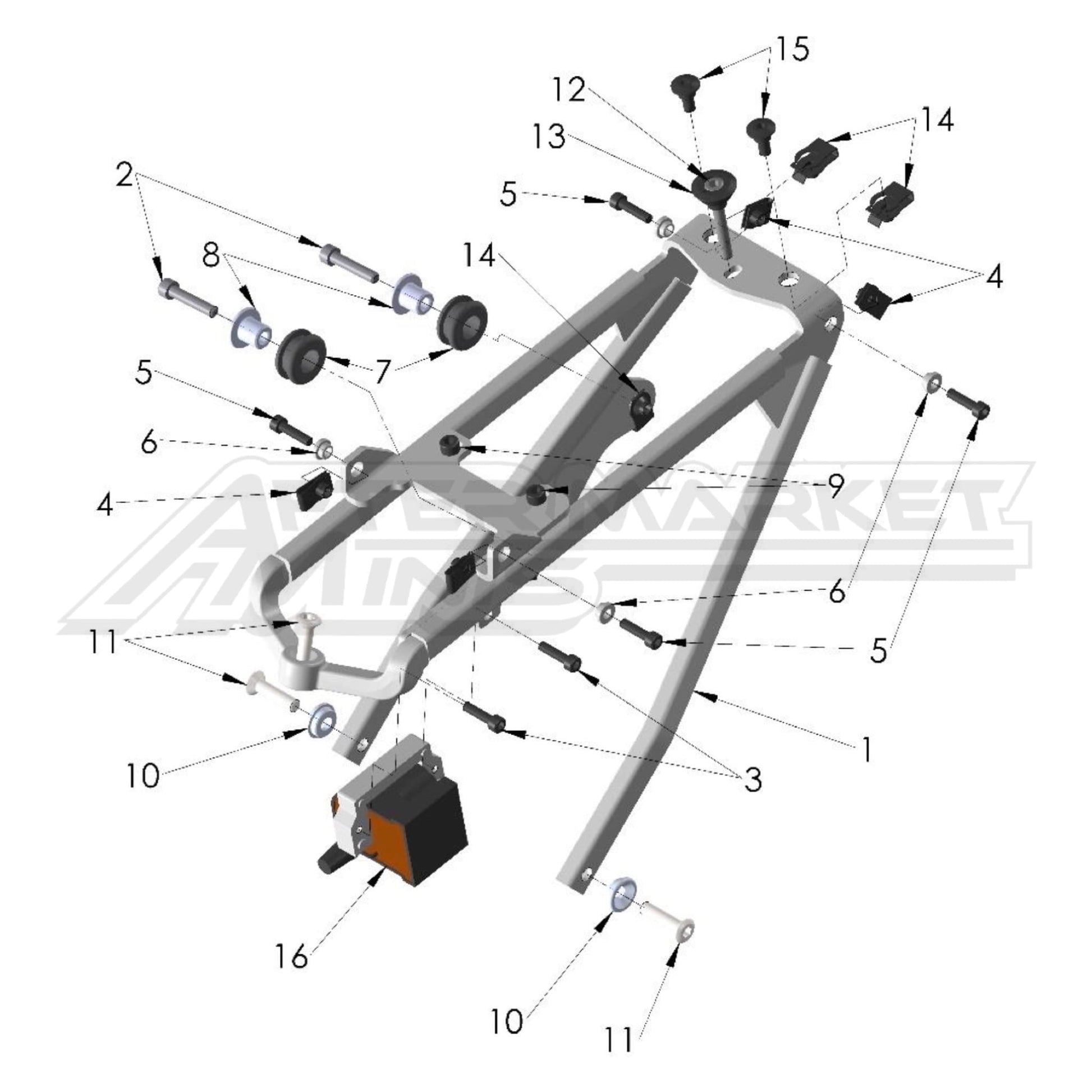Illustration of 2027 Cobra 50 FWE sub-frame with labeled components on a white background, featuring the 'Aftermarket Minis' brand.