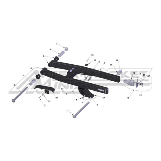 Illustration of 2023 Cobra 50 FWE swingarm with labeled components on a white background, featuring the 'Aftermarket Minis' brand.