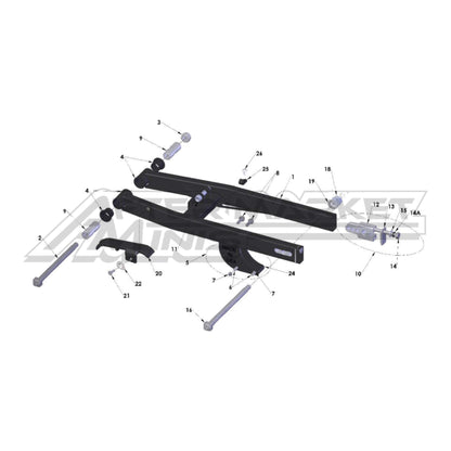 Illustration of 2024 Cobra 50 FWE swingarm with labeled components on a white background, featuring the 'Aftermarket Minis' brand.