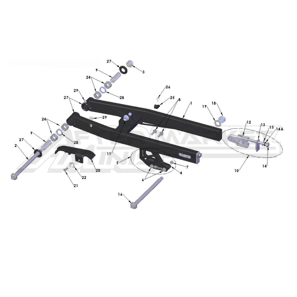 Illustration of 2025 Cobra 50 FWE swingarm with labeled components on a white background, featuring the 'Aftermarket Minis' brand.