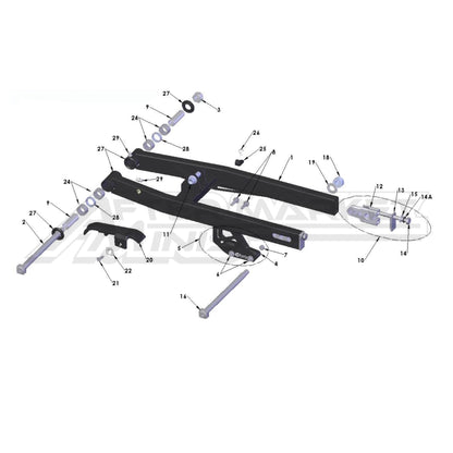 Illustration of 2025 Cobra 50 FWE swingarm with labeled components on a white background, featuring the 'Aftermarket Minis' brand.