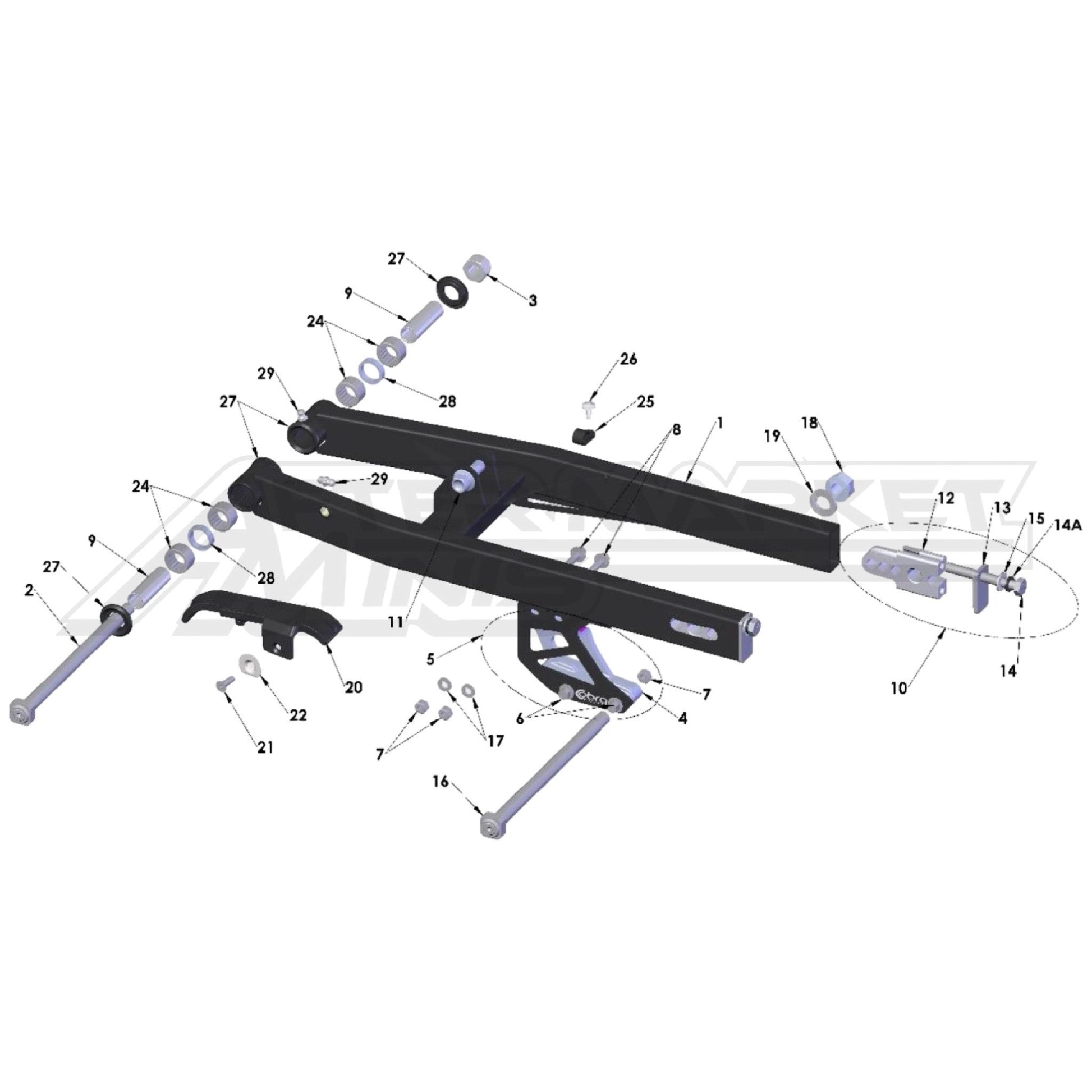 Illustration of 2027 Cobra 50 FWE swingarm with labeled components on a white background, featuring the 'Aftermarket Minis' brand.
