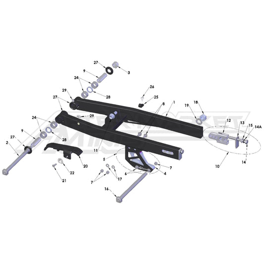 Illustration of 2027 Cobra 50 FWE swingarm with labeled components on a white background, featuring the 'Aftermarket Minis' brand.