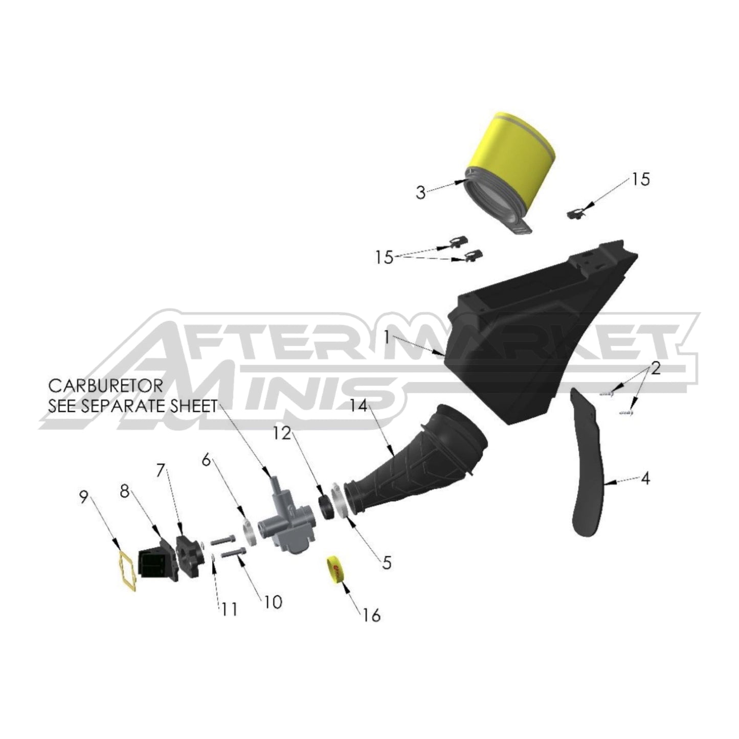 Illustration of 2027 Cobra 50 FWE intake system with labeled components on a white background, featuring the 'Aftermarket Minis' brand.