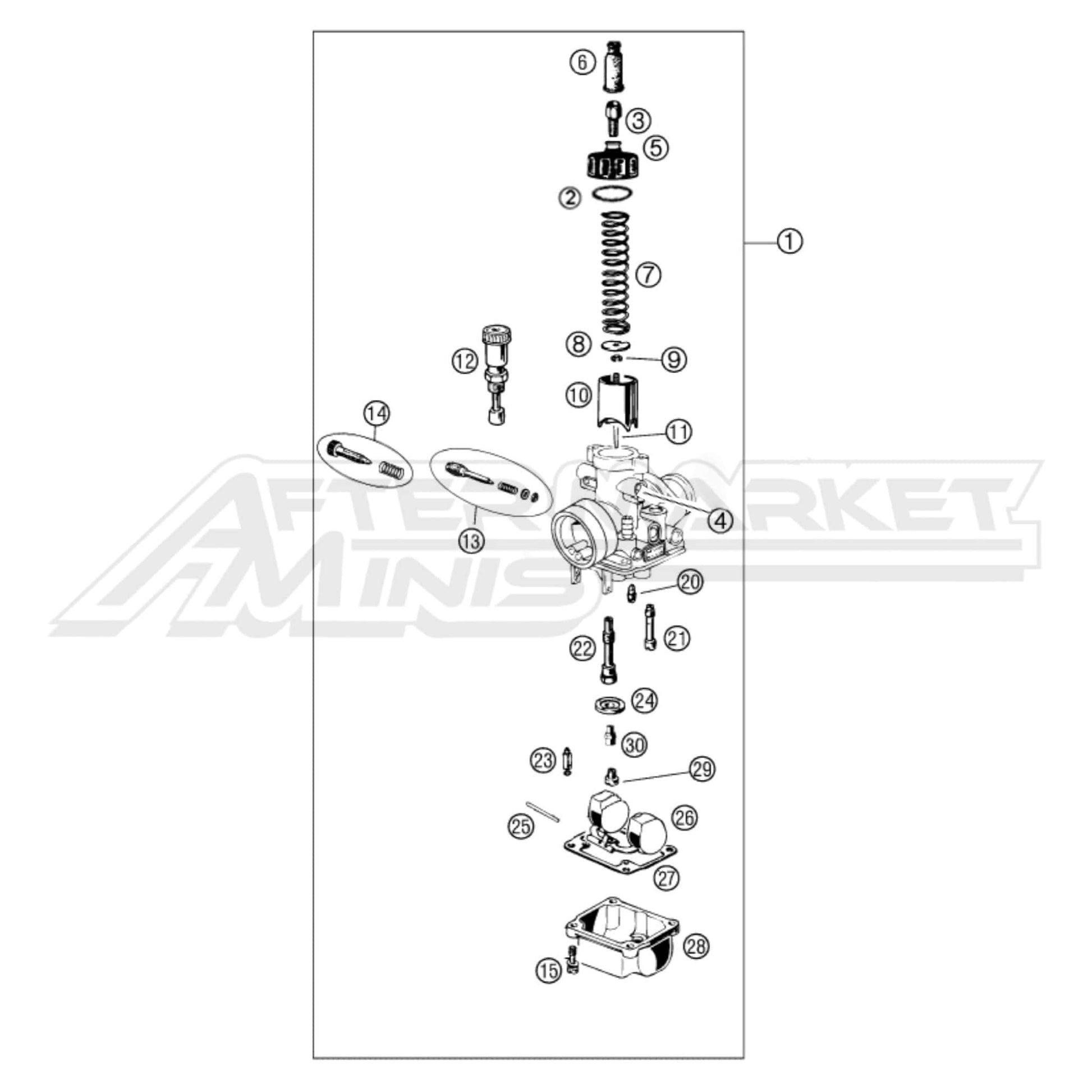 Illustration of 2027 Cobra 50 FWE carburetor with labeled components on a white background, featuring the 'Aftermarket Minis' brand.