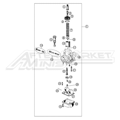 Illustration of 2027 Cobra 50 FWE carburetor with labeled components on a white background, featuring the 'Aftermarket Minis' brand.