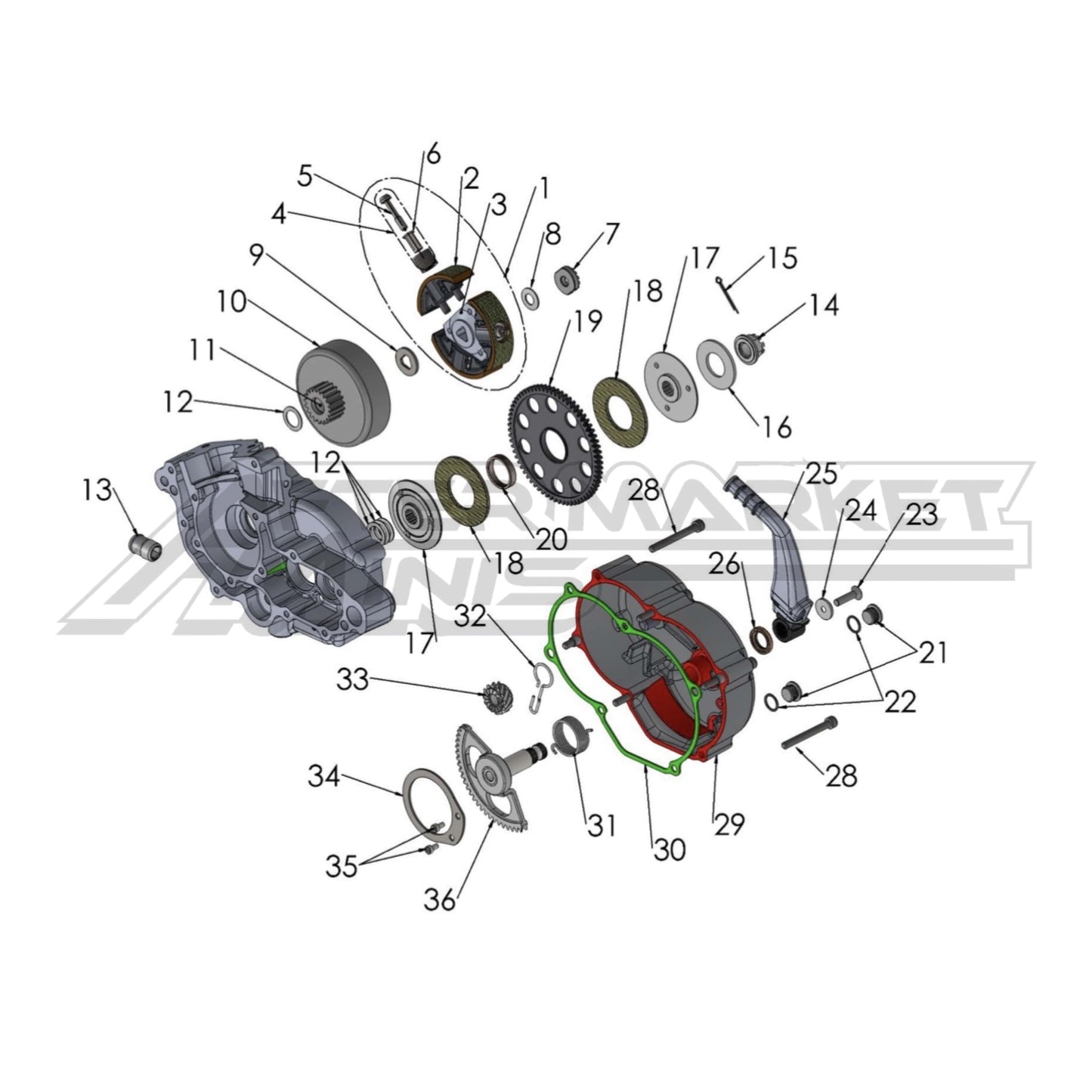 Illustration of 2027 Cobra 50 FWE clutch and kick starer with labeled components on a white background, featuring the 'Aftermarket Minis' brand.
