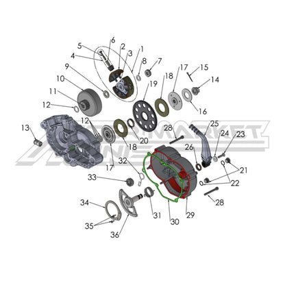 Illustration of 2027 Cobra 50 FWE clutch and kick starer with labeled components on a white background, featuring the 'Aftermarket Minis' brand.