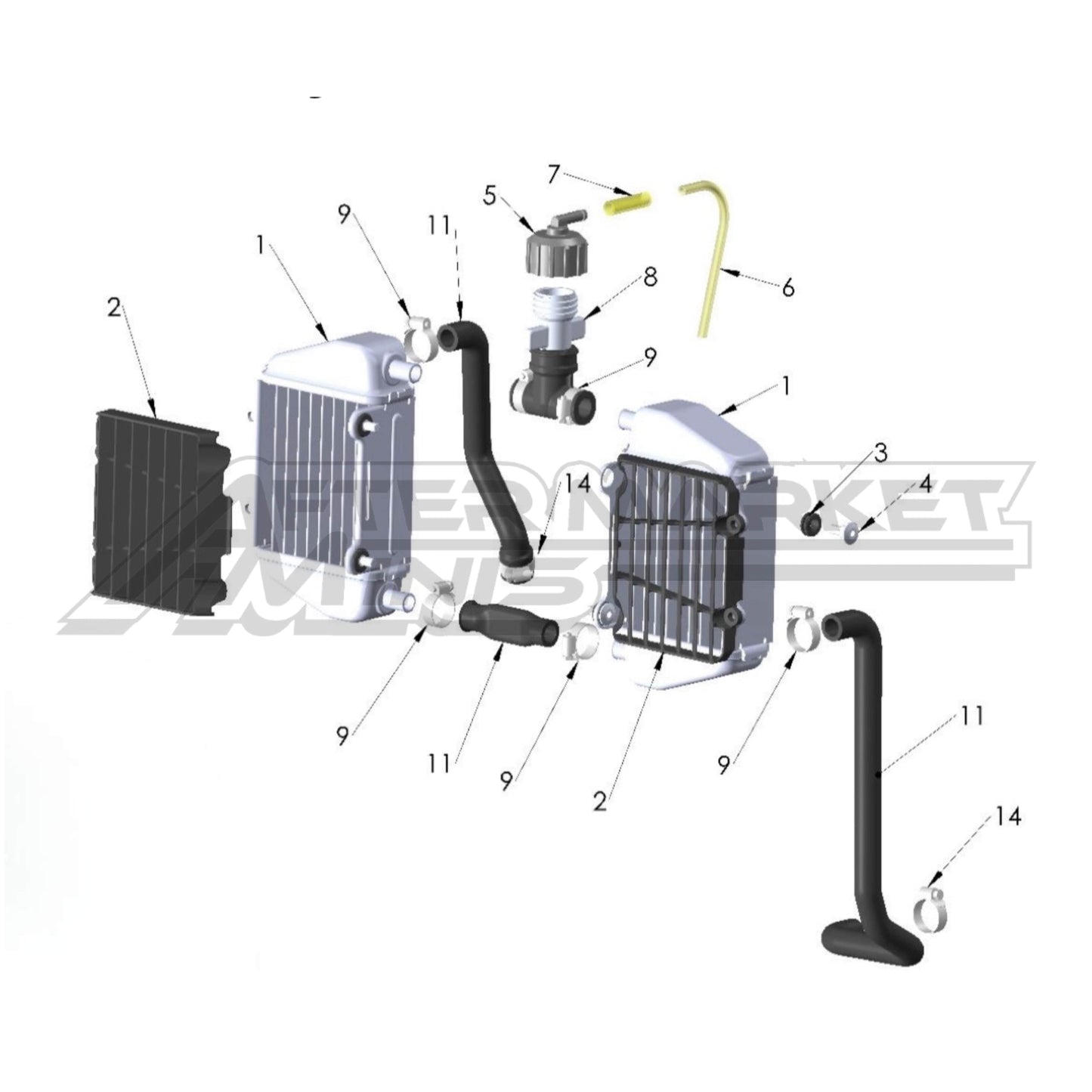 Illustration of 2027 Cobra 50 FWE cooling system with labeled components on a white background, featuring the 'Aftermarket Minis' brand.