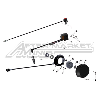 Illustration of 2021 Cobra 50 FWE electrical system with labeled components on a white background, featuring the 'Aftermarket Minis' brand.