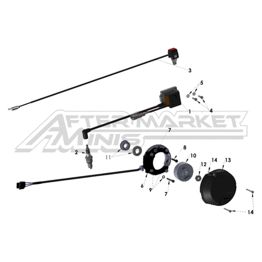 Illustration of 2021 Cobra 50 FWE electrical system with labeled components on a white background, featuring the 'Aftermarket Minis' brand.