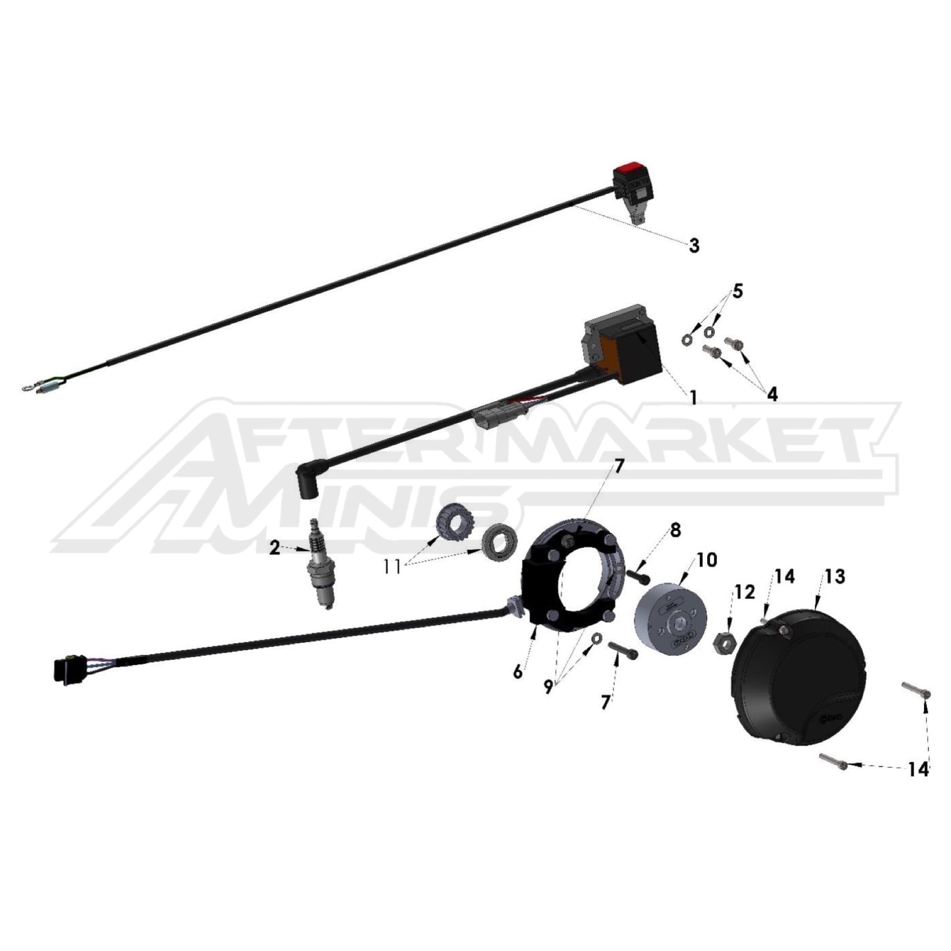 Illustration of 2027 Cobra 50 FWE electrical system with labeled components on a white background, featuring the 'Aftermarket Minis' brand.