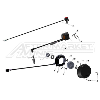 Illustration of 2027 Cobra 50 FWE electrical system with labeled components on a white background, featuring the 'Aftermarket Minis' brand.