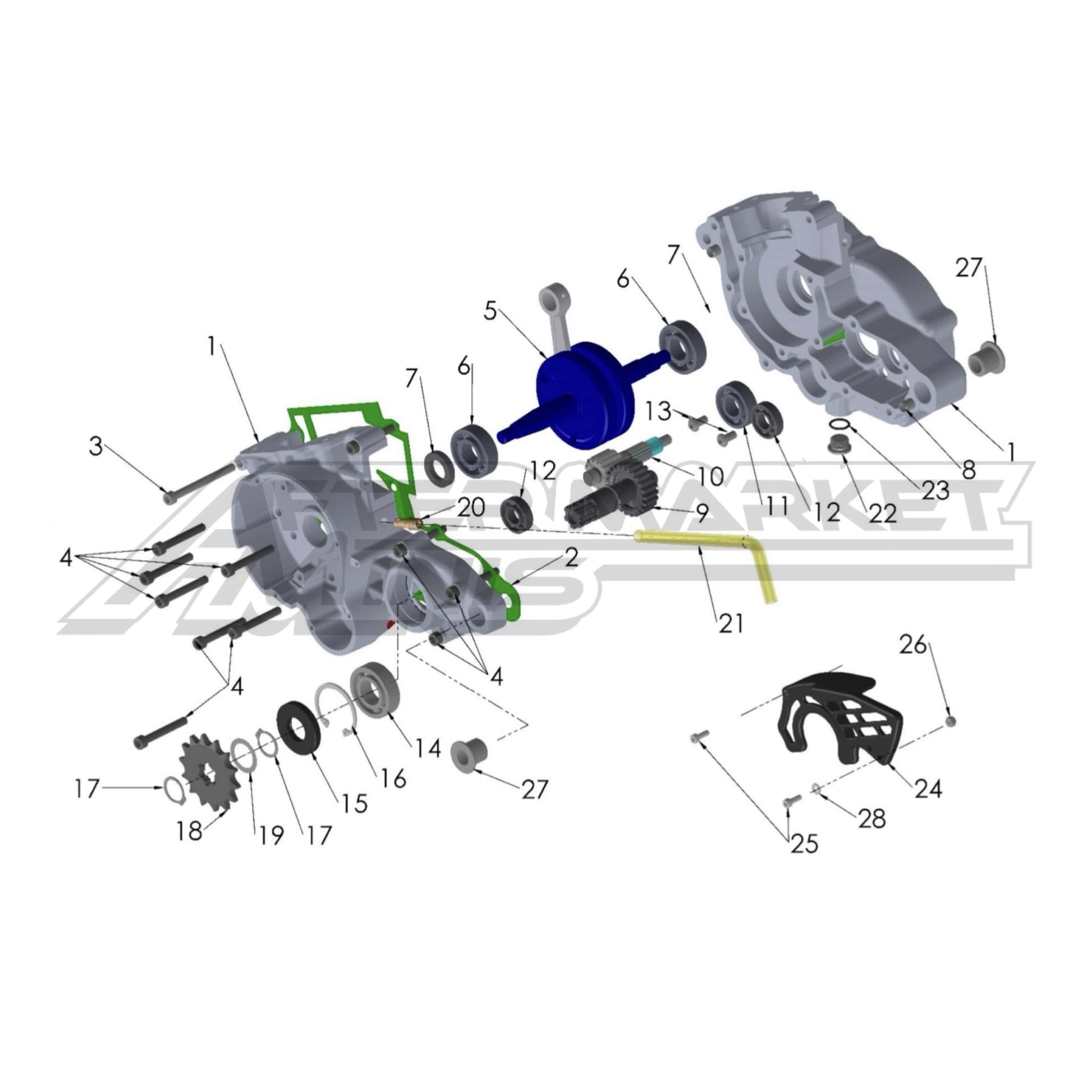 Illustration of 2027 Cobra 50 FWE lower end of engine with labeled components on a white background, featuring the 'Aftermarket Minis' brand.