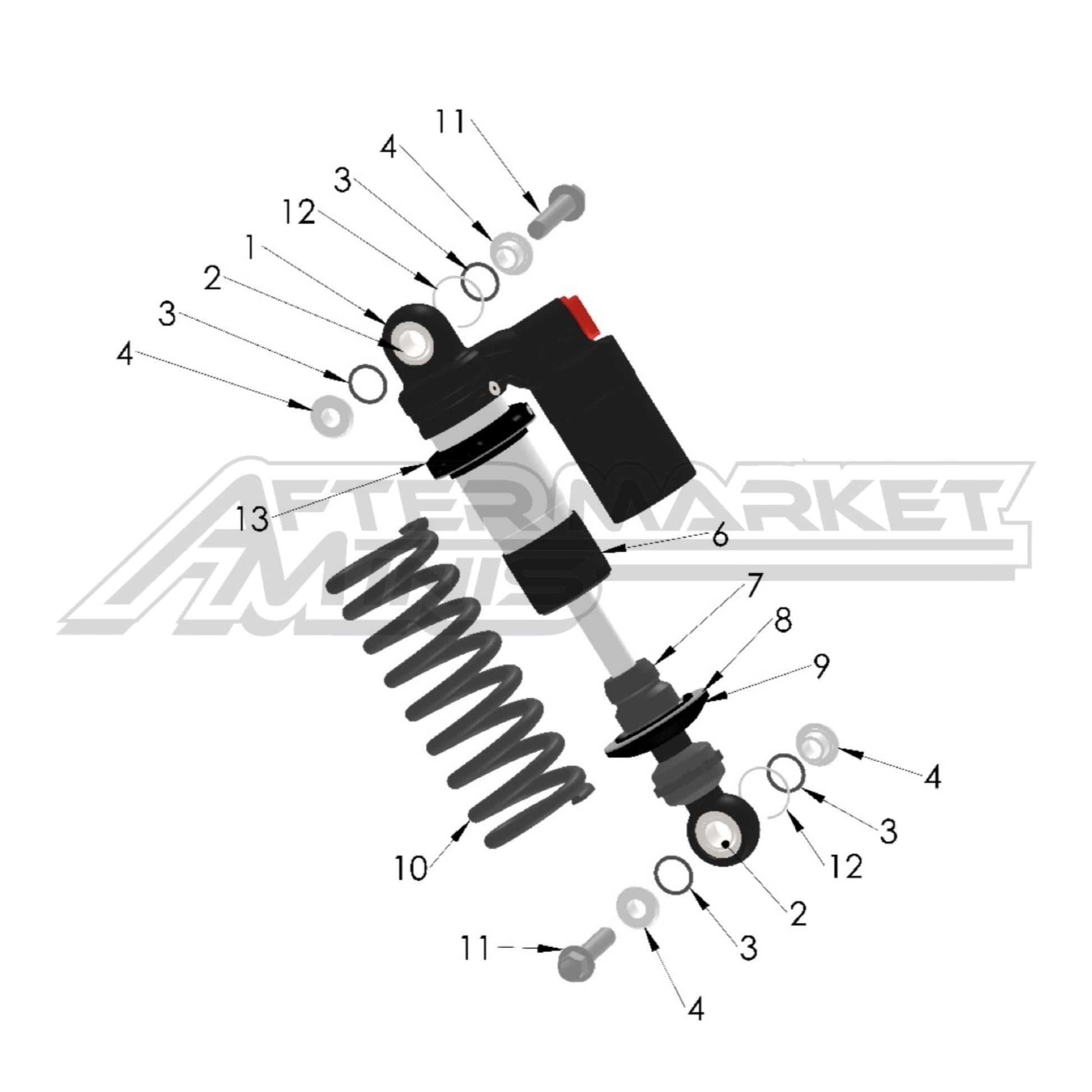 Illustration of 2027 Cobra 50 FWE rear shock with labeled components on a white background, featuring the 'Aftermarket Minis' brand.