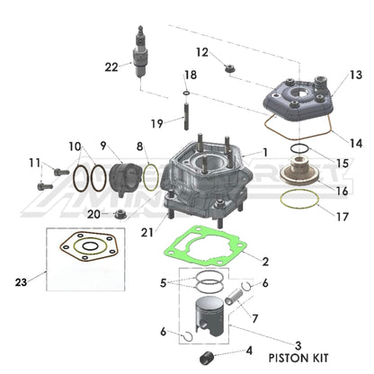 Illustration of 2027 Cobra 50 FWE top end of engine with labeled components on a white background, featuring the 'Aftermarket Minis' brand.