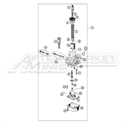 Illustration of 2027 Cobra 50 Jr carburetor with labeled components on a white background, featuring the 'Aftermarket Minis' brand.
