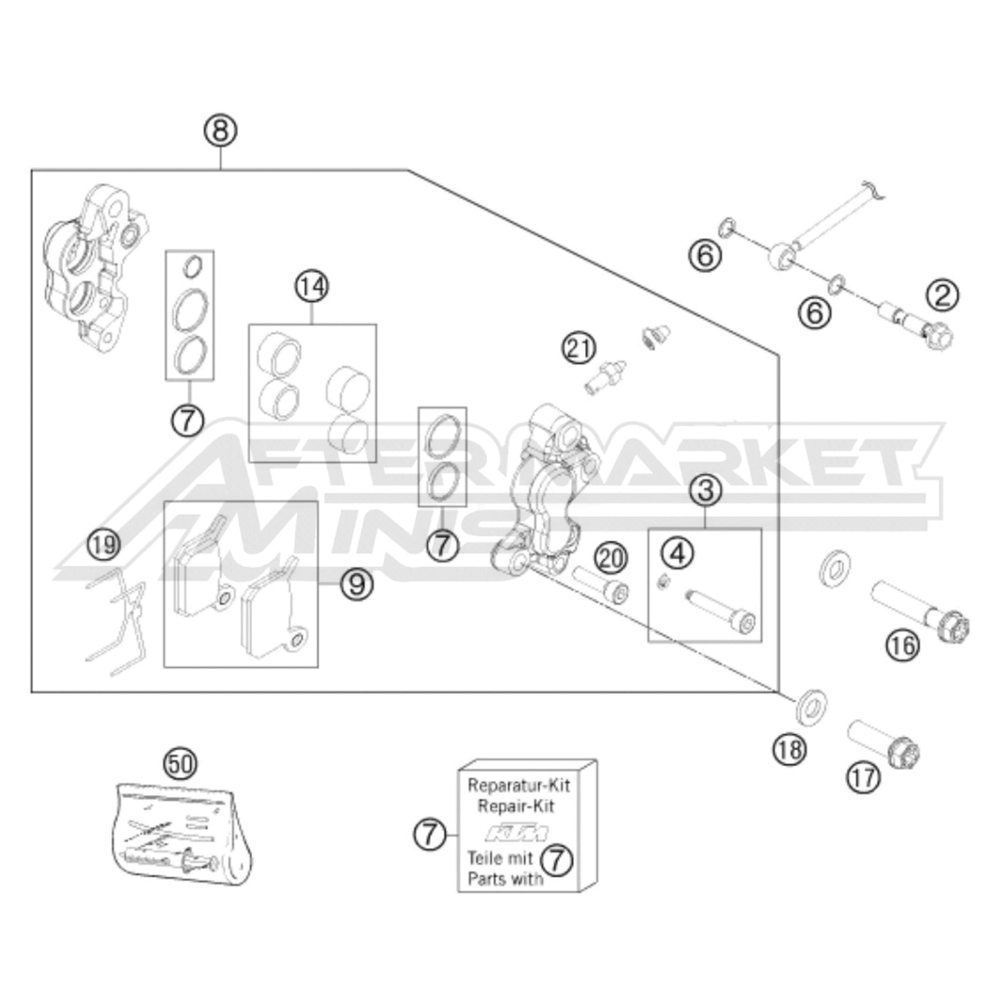 Exploded parts diagram of a 2024 Gas Gas MC 50 front brake caliper with reference numbers for each part to allow for easy ordering.