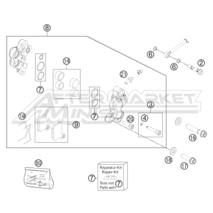 Exploded parts diagram of a 2024 Gas Gas MC 50 front brake caliper with reference numbers for each part to allow for easy ordering.