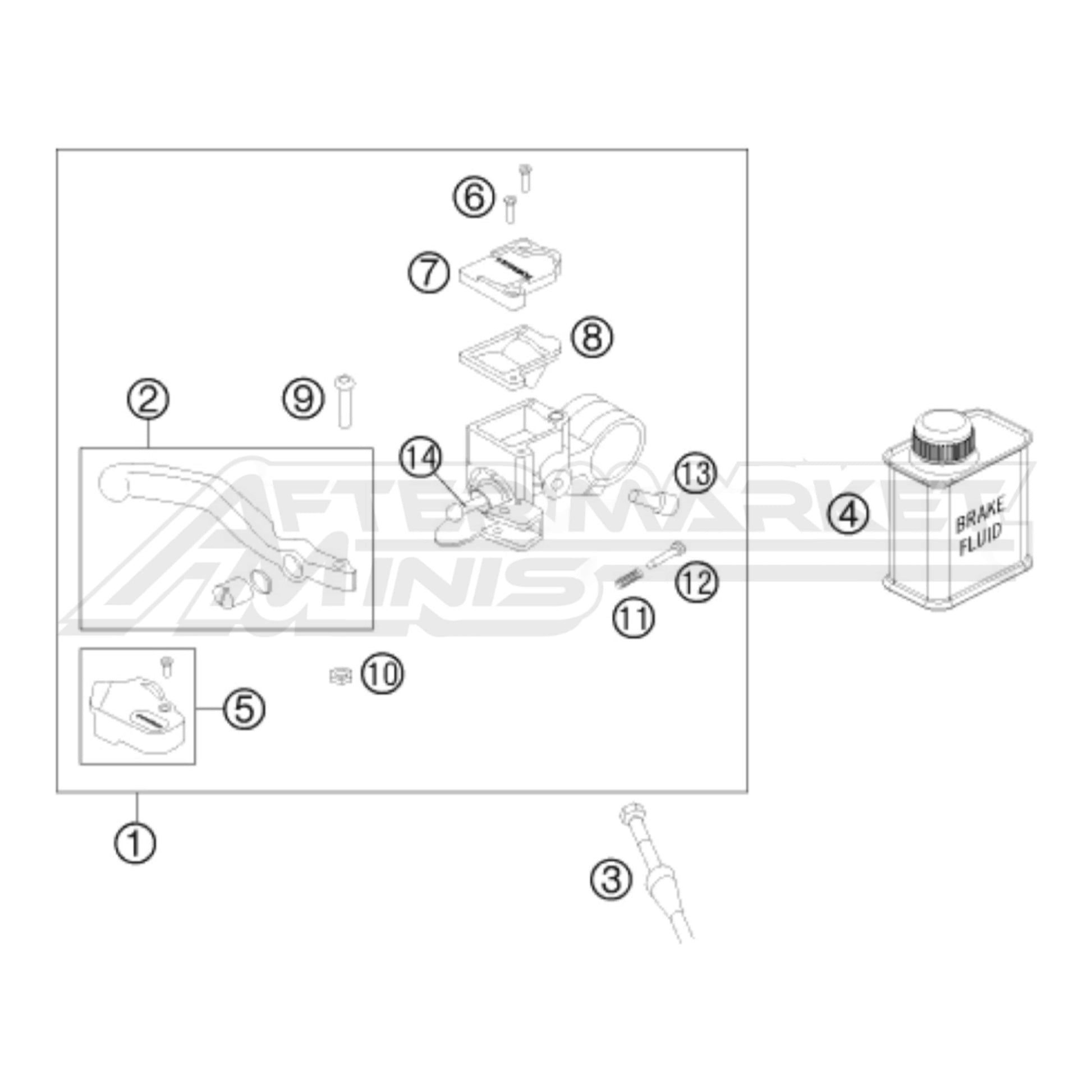 Exploded parts diagram of a 2024 Gas Gas MC 50 front brake master cylinder with reference numbers for each part to allow for easy ordering