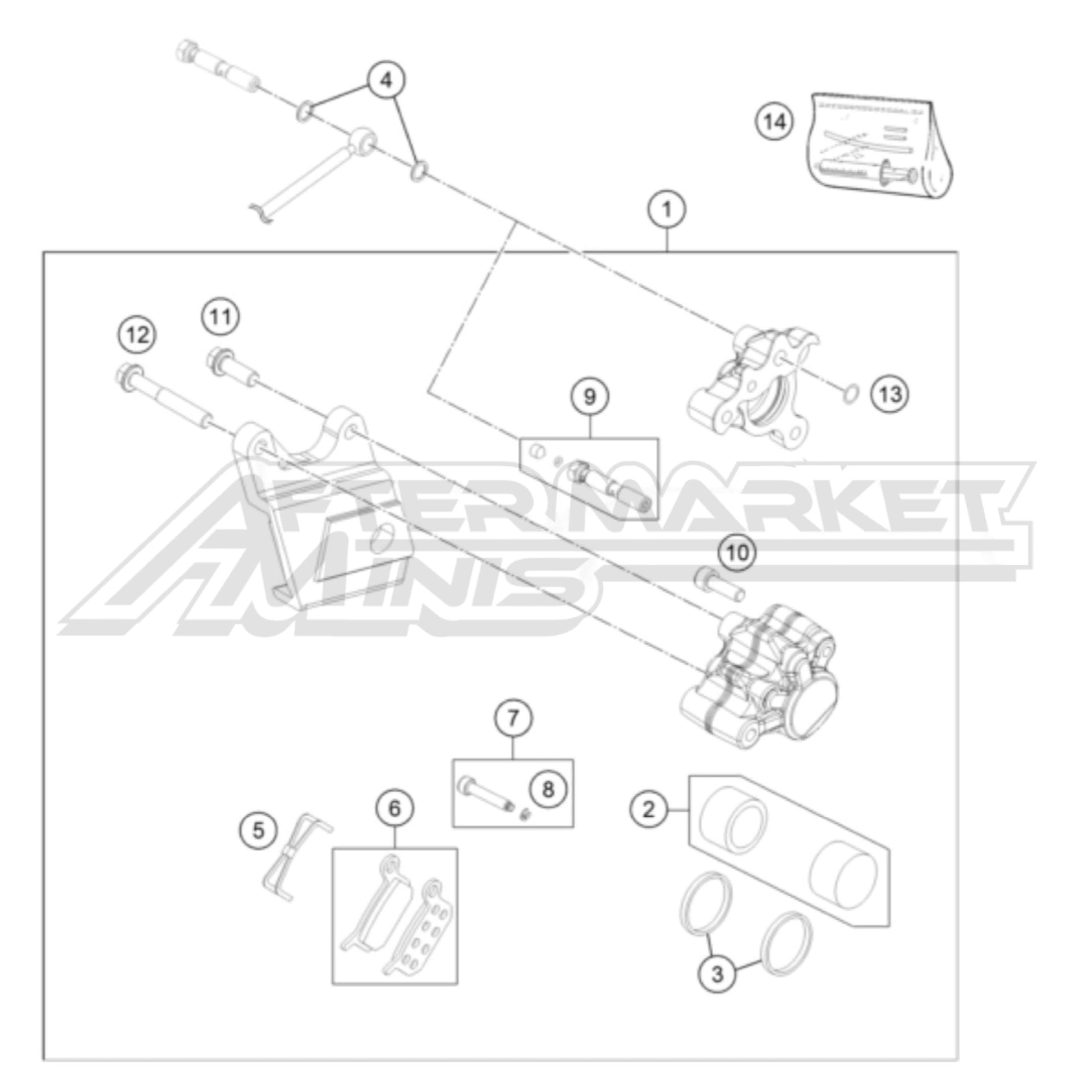Exploded parts diagram of a 2024 Gas Gas MC 50 rear brake caliper system with reference numbers for each part to allow for easy ordering.
