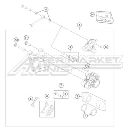 Exploded parts diagram of a 2024 Gas Gas MC 50 rear brake caliper system with reference numbers for each part to allow for easy ordering.