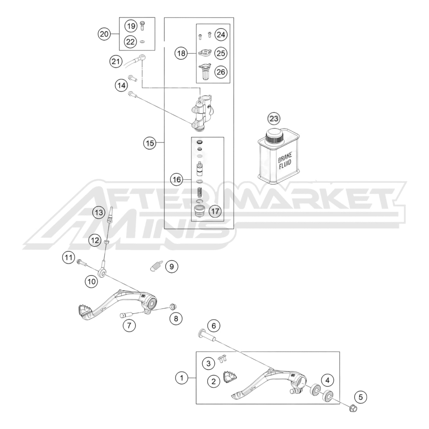 Exploded parts diagram of a 2024 Gas Gas MC 50 rear brake lever and master cylinder with reference numbers for each part to allow for easy ordering.
