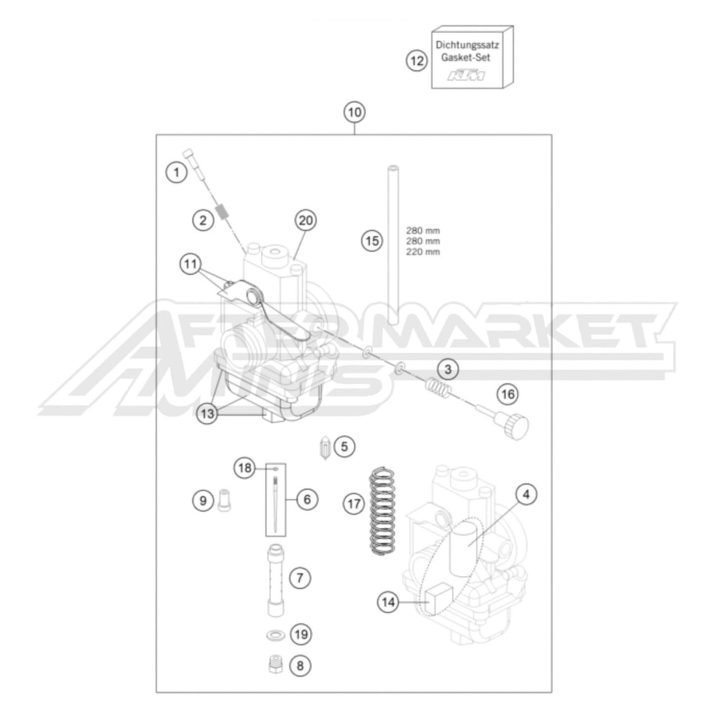 Exploded parts diagram of a 2025 Husqvarna TC 65 carburetor assembly with reference numbers for each part to allow for easy ordering.