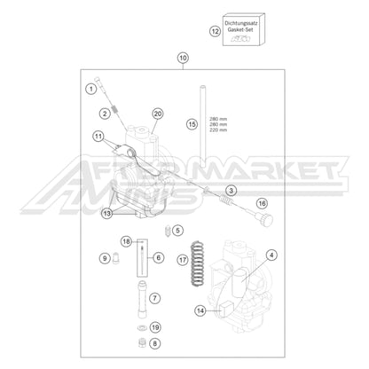 Exploded parts diagram of a 2025 Husqvarna TC 65 carburetor assembly with reference numbers for each part to allow for easy ordering.