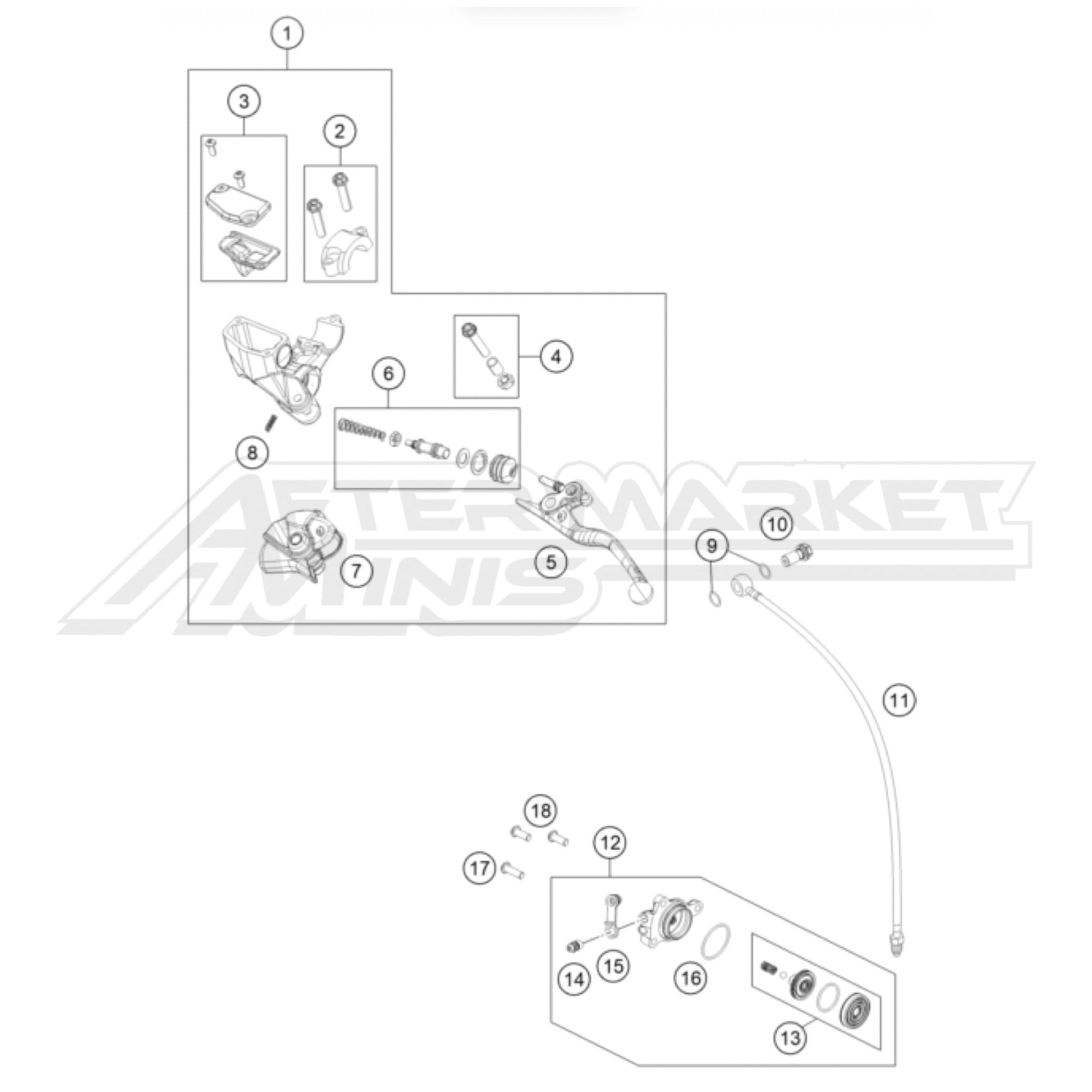 Exploded parts diagram of a 2025 Husqvarna TC 65 clutch master cylinder, line and slave cylinder with reference numbers for each part to allow for easy ordering.