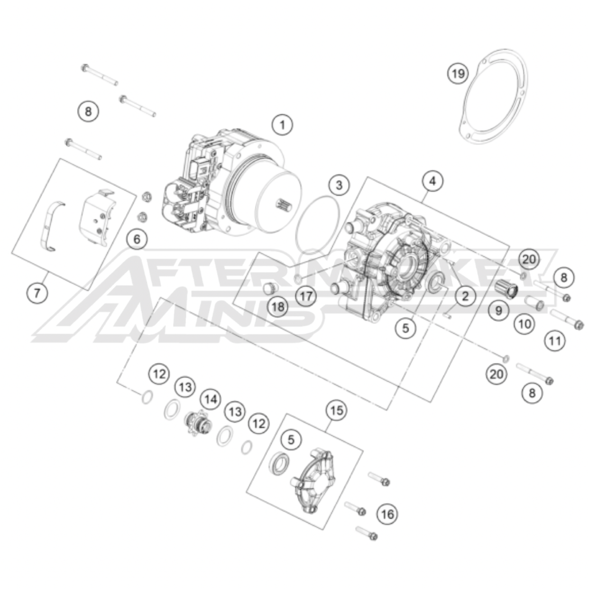 Illustration of 2025 Husqvarna EE 5 motor with labeled components on a white background, featuring the 'Aftermarket Minis' brand.