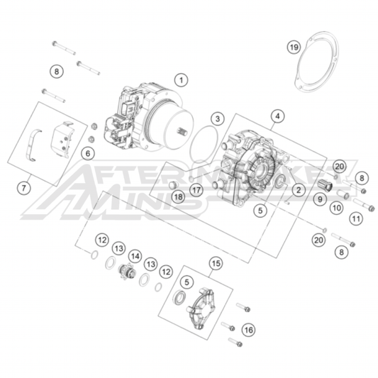 Illustration of 2025 Husqvarna EE 5 motor with labeled components on a white background, featuring the 'Aftermarket Minis' brand.