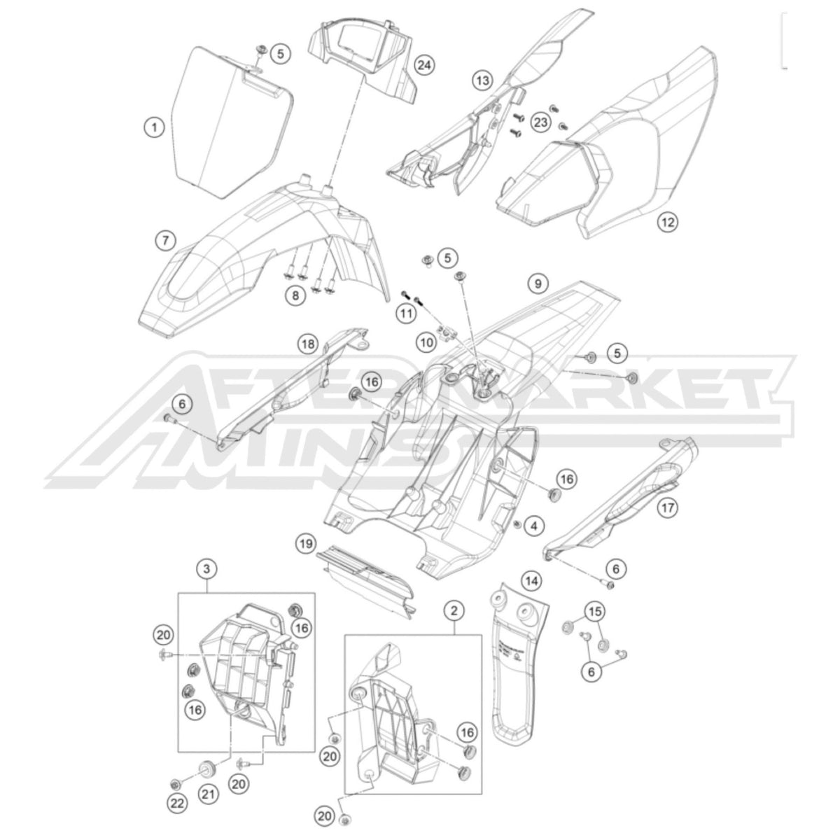 Illustration of 2025 Husqvarna EE 5 fender and number palates with labeled components on a white background, featuring the 'Aftermarket Minis' brand.