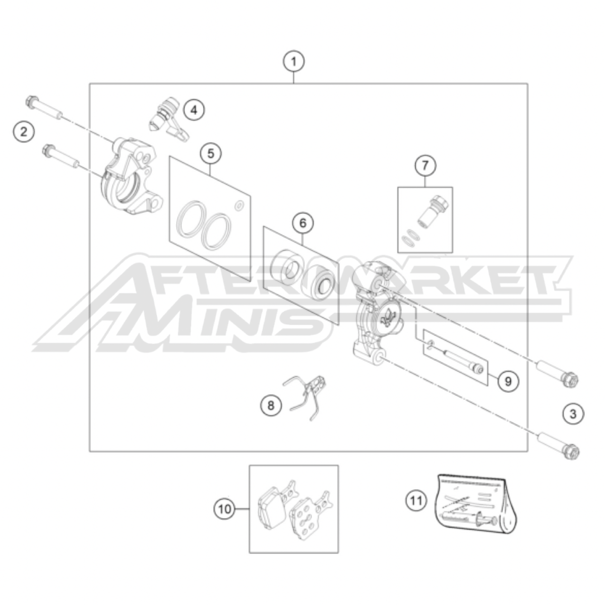 Illustration of 2025 Husqvarna EE 5 front brake caliper with labeled components on a white background, featuring the 'Aftermarket Minis' brand.