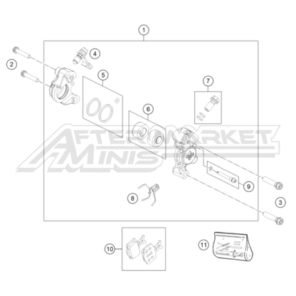 Illustration of 2025 Husqvarna EE 5 front brake caliper with labeled components on a white background, featuring the 'Aftermarket Minis' brand.