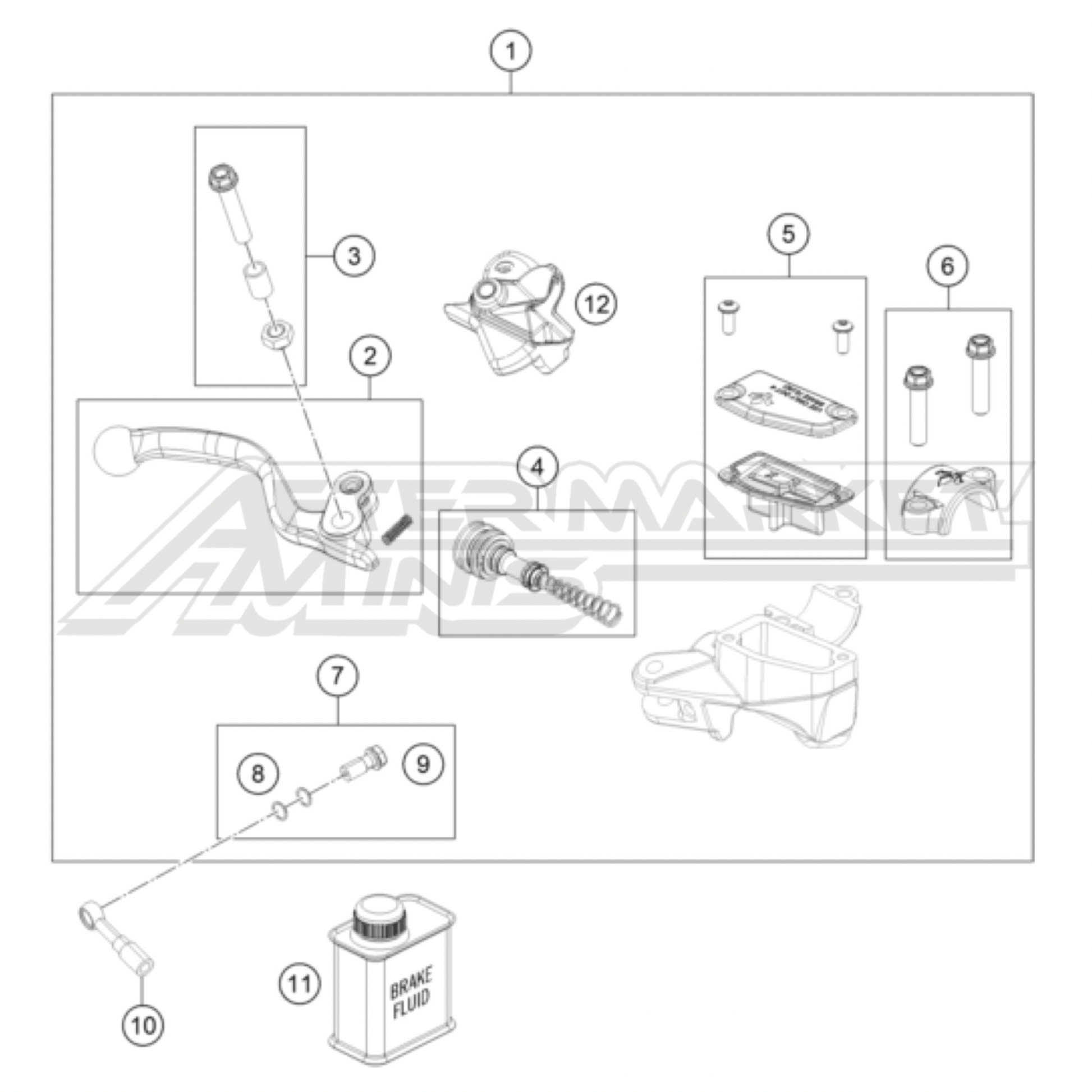 Illustration of 2025 Husqvarna EE 5 front brake master cylinder with labeled components on a white background, featuring the 'Aftermarket Minis' brand.