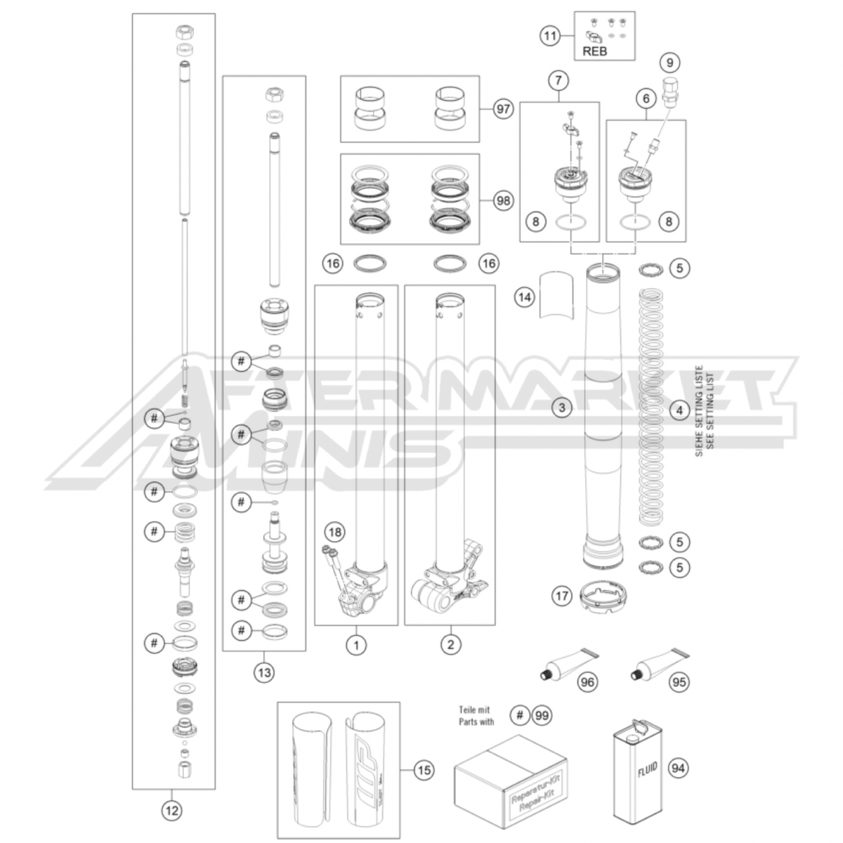 Illustration of 2025 Husqvarna EE 5 front forks that's disassembled with labeled components on a white background, featuring the 'Aftermarket Minis' brand.