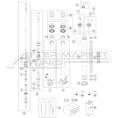 Illustration of 2025 Husqvarna EE 5 front forks that's disassembled with labeled components on a white background, featuring the 'Aftermarket Minis' brand.