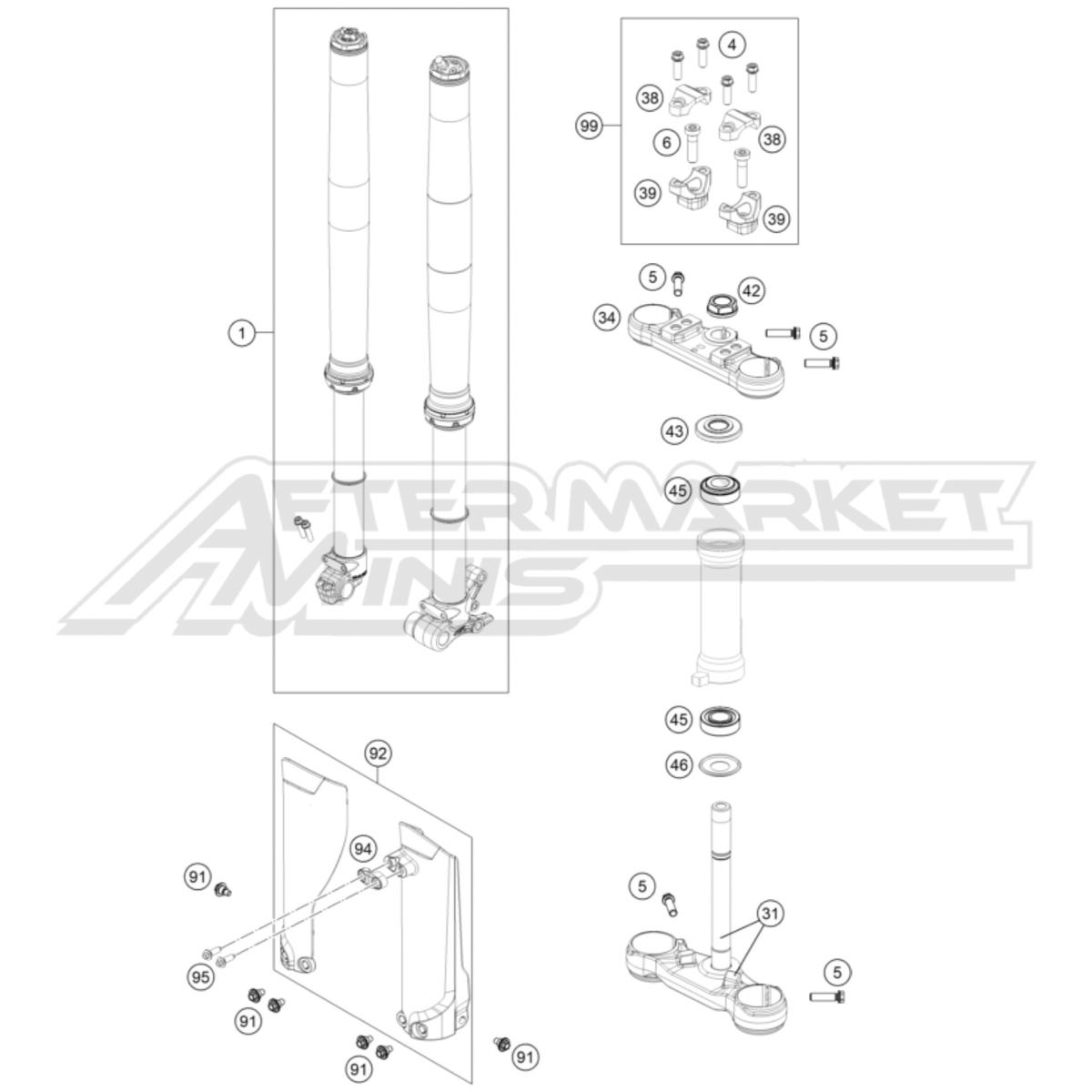 Illustration of 2025 Husqvarna EE 5 front suspension fork with labeled components on a white background, featuring the 'Aftermarket Minis' brand.