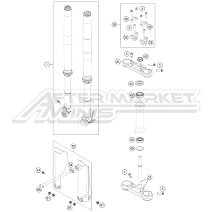 Illustration of 2025 Husqvarna EE 5 front suspension fork with labeled components on a white background, featuring the 'Aftermarket Minis' brand.