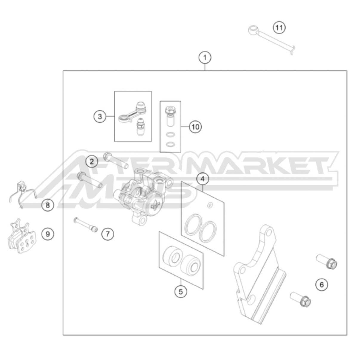 Illustration of 2025 Husqvarna EE 5 rear brake caliper with labeled components on a white background, featuring the 'Aftermarket Minis' brand.