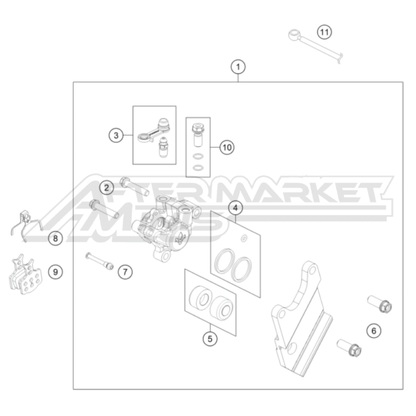 Illustration of 2025 Husqvarna EE 5 rear brake caliper with labeled components on a white background, featuring the 'Aftermarket Minis' brand.