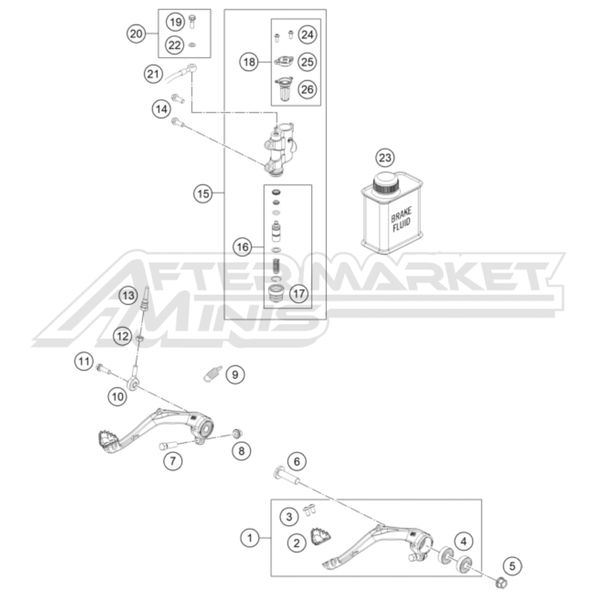 Illustration of 2025 Husqvarna EE 5 rear brake master cylinder and lever with labeled components on a white background, featuring the 'Aftermarket Minis' brand.