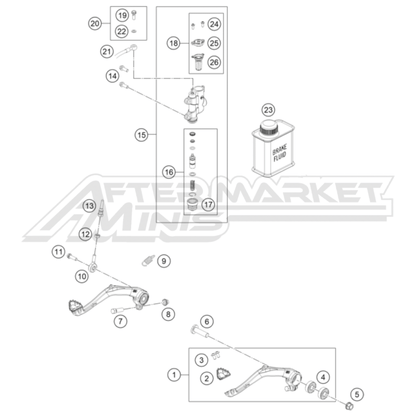 Illustration of 2025 Husqvarna EE 5 rear brake master cylinder and lever with labeled components on a white background, featuring the 'Aftermarket Minis' brand.
