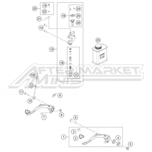 Illustration of 2025 Husqvarna EE 5 rear brake master cylinder and lever with labeled components on a white background, featuring the 'Aftermarket Minis' brand.