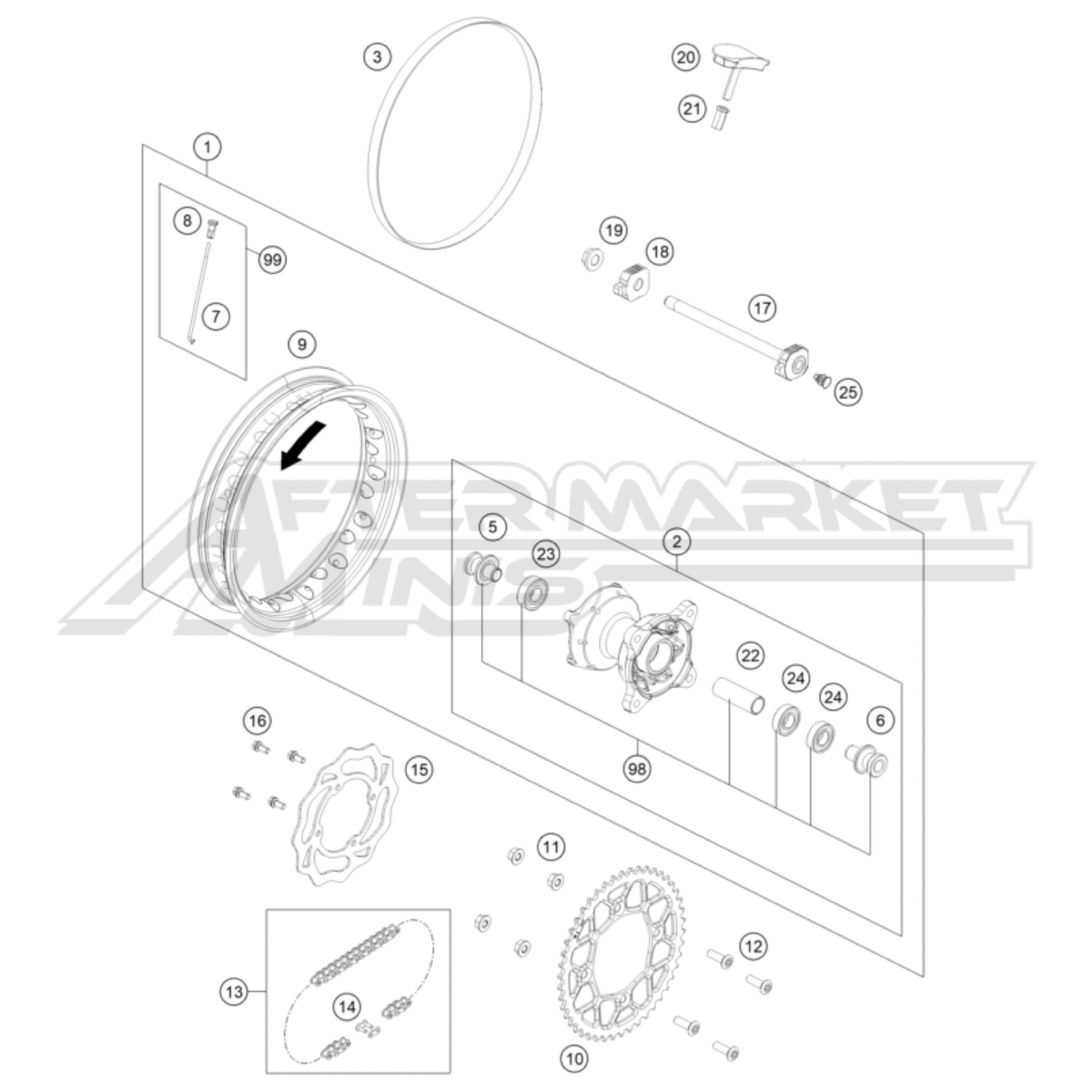 Illustration of 2025 Husqvarna EE 5 rear wheel with labeled components on a white background, featuring the 'Aftermarket Minis' brand.